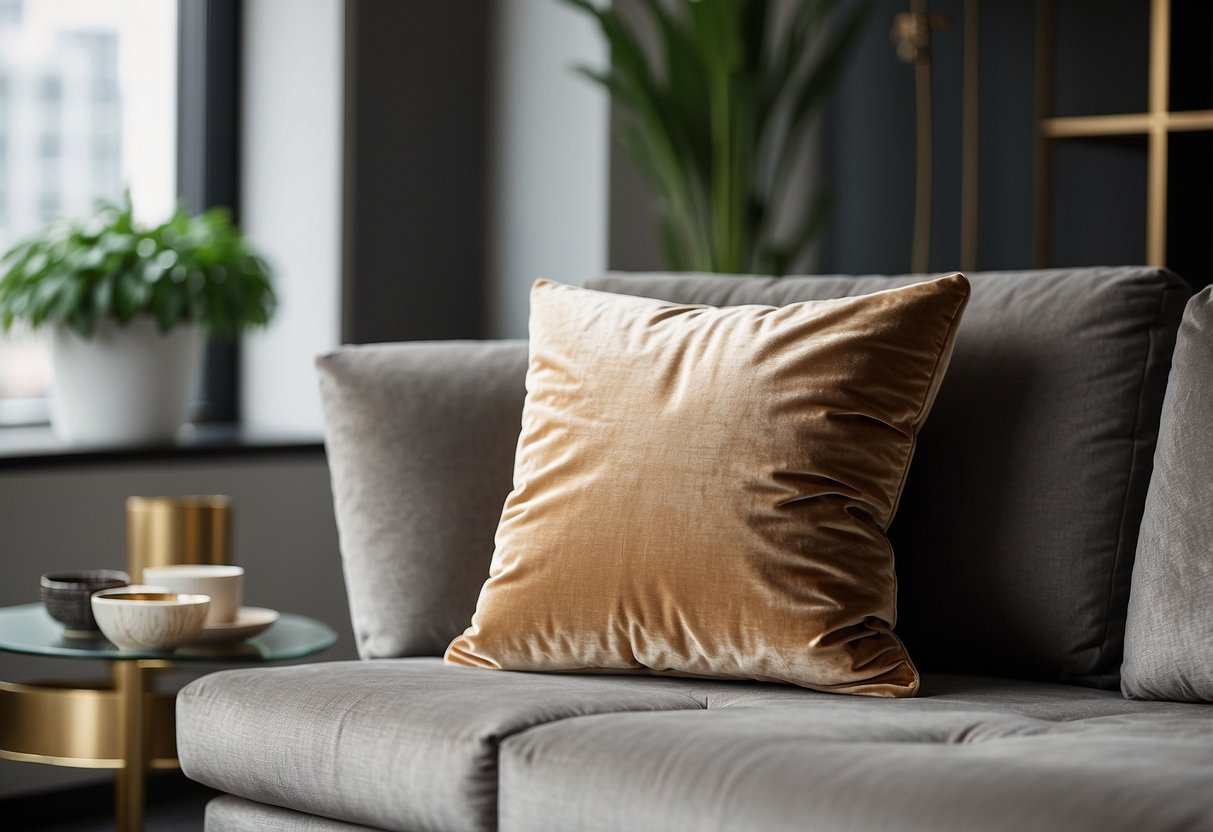 A luxurious velvet ombre cushion sits on a modern sofa, adding a touch of elegance to the living room decor