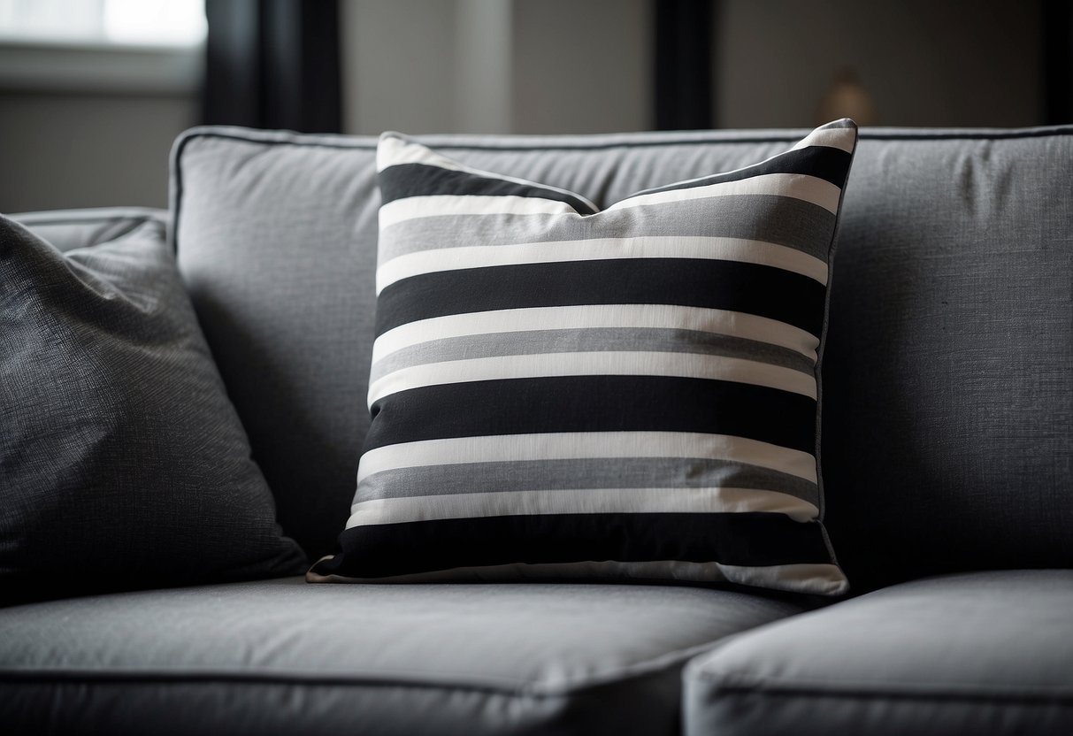 A monochrome striped cushion sits on a modern grey sofa, adding a touch of contemporary style to the living room decor