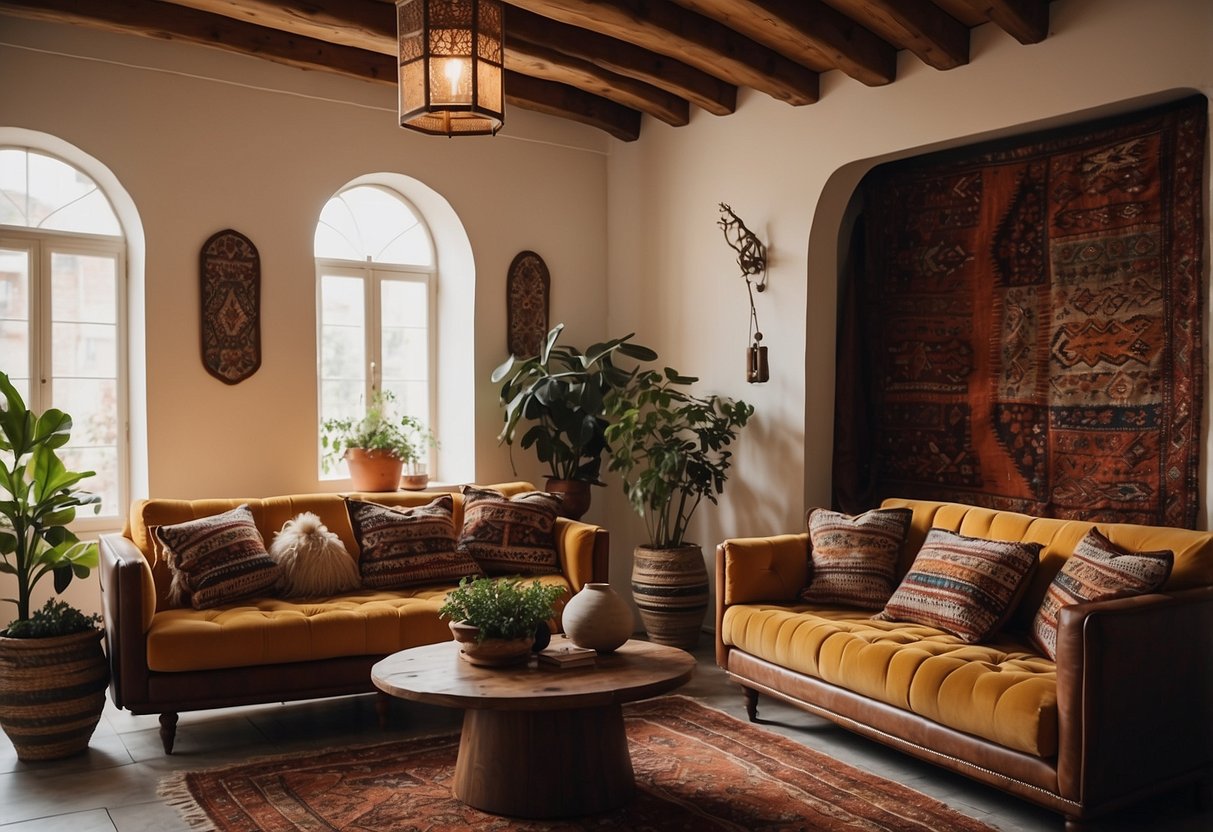 A cozy living room with Moroccan kilim pillows arranged on a plush sofa, adding warmth and texture to the space