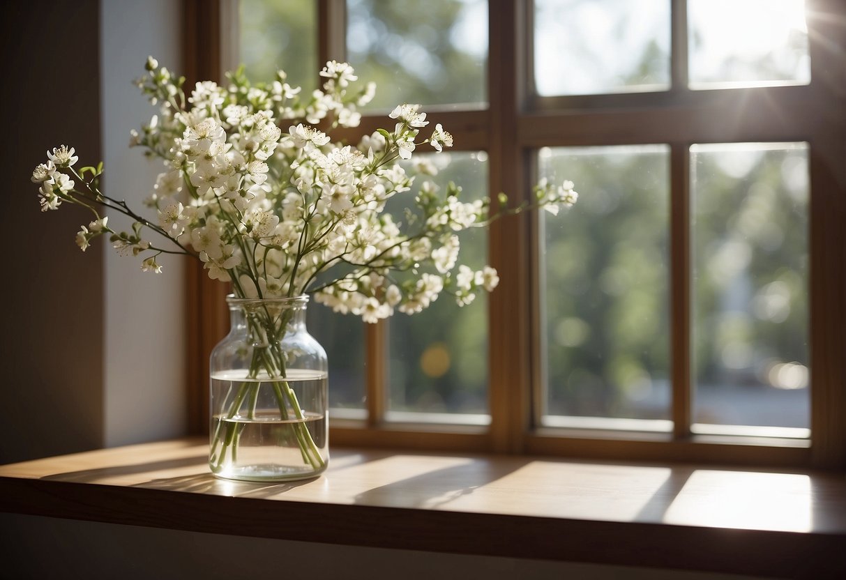 A clear glass cylinder vase sits on a wooden shelf, filled with tall, slender branches and delicate white flowers. Sunlight streams through the window, casting soft shadows on the wall behind it