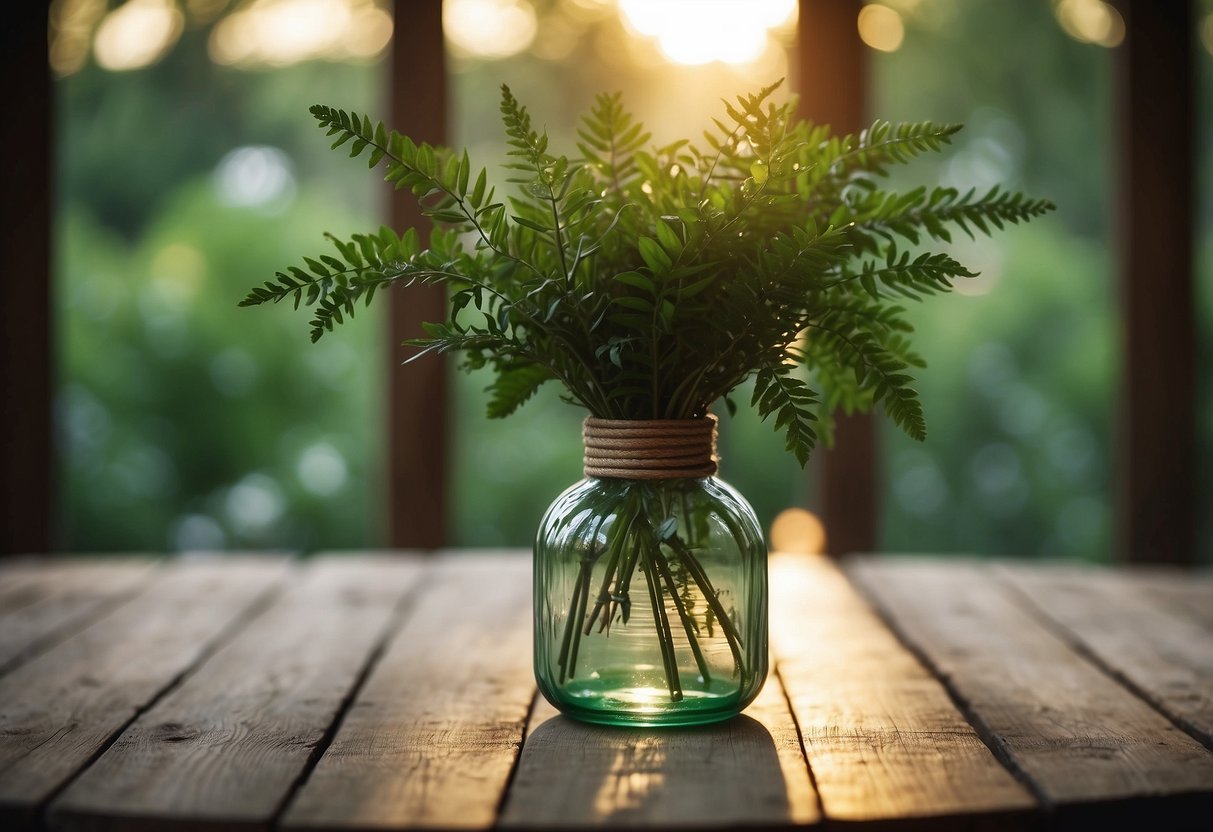 A decorative glass cylinder vase with a rope handle sits on a rustic wooden table, surrounded by greenery and soft lighting