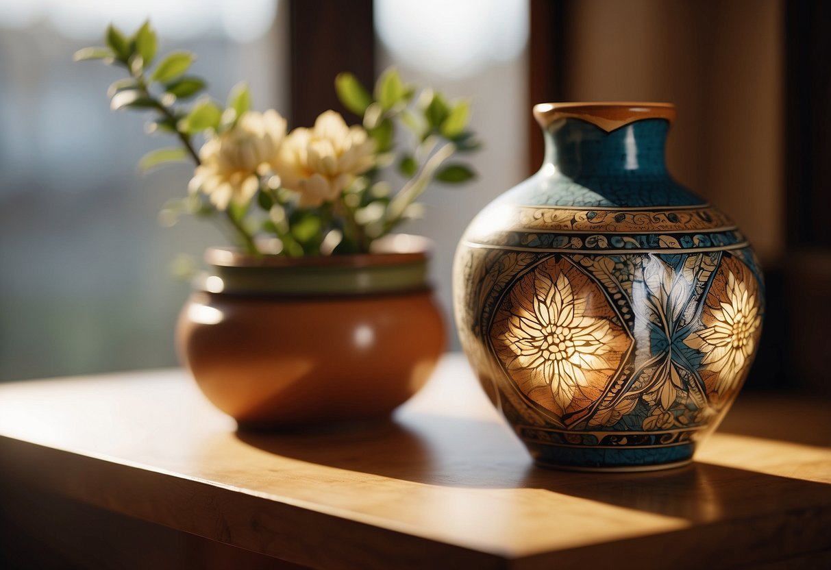 A hand-painted ceramic cylinder vase sits on a wooden shelf, surrounded by other decorative items. Sunlight streams through a nearby window, casting a warm glow on the vase's intricate designs