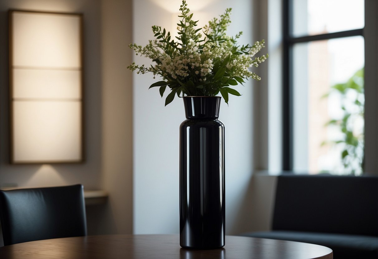 A tall cylinder vase sits on a table, casting a striking silhouette against the wall. Its sleek design and elegant shape make it a perfect addition to any home decor