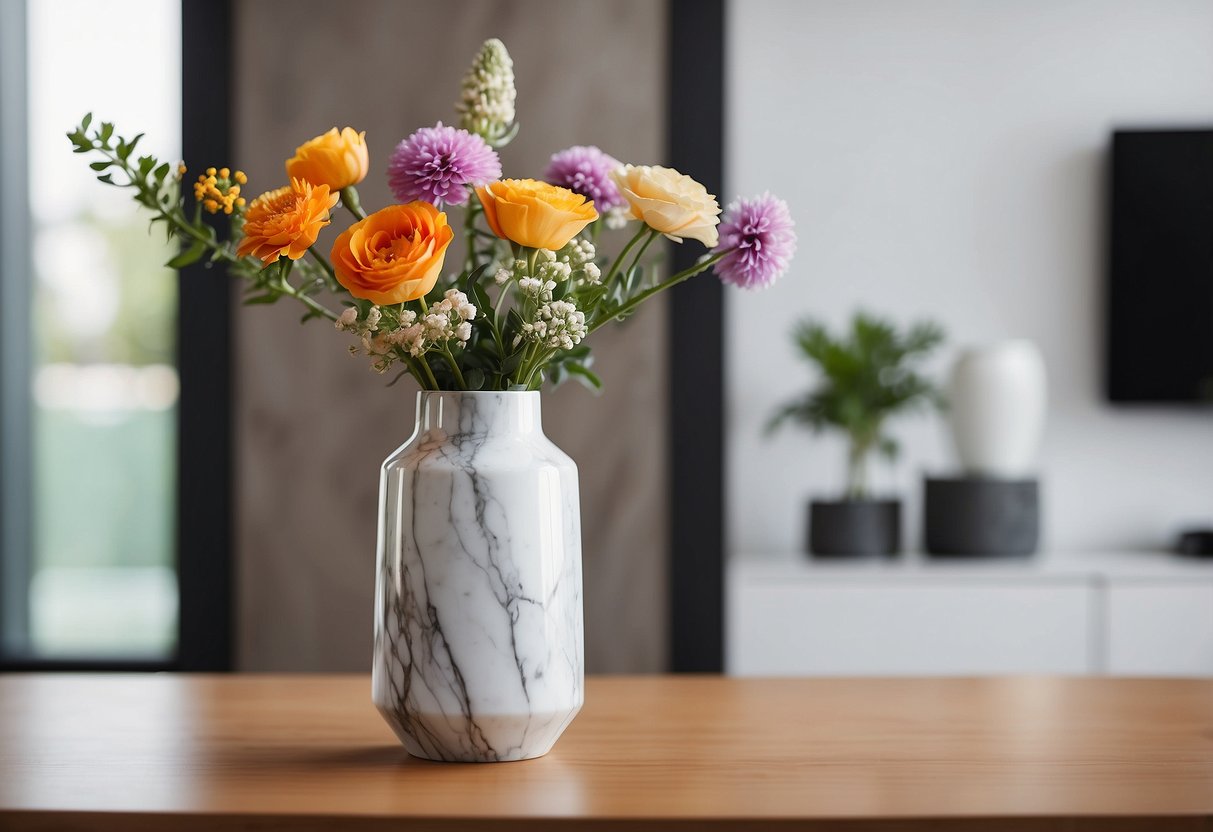 A modern marble cylinder vase sits on a sleek wooden table, surrounded by minimalist home decor items. The vase is filled with fresh, vibrant flowers, adding a pop of color to the scene