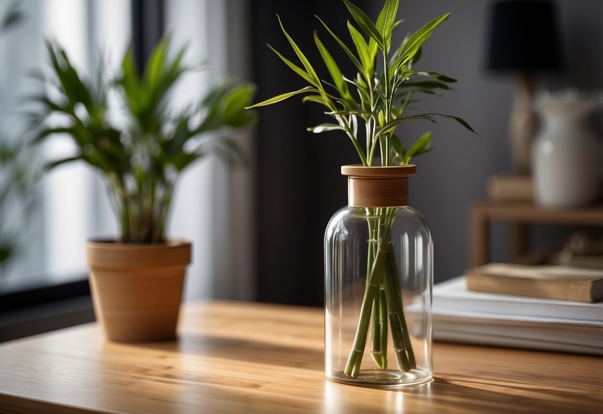 A clear Ikea cylinder vase with a bamboo lid sits on a wooden table, surrounded by other home decor items