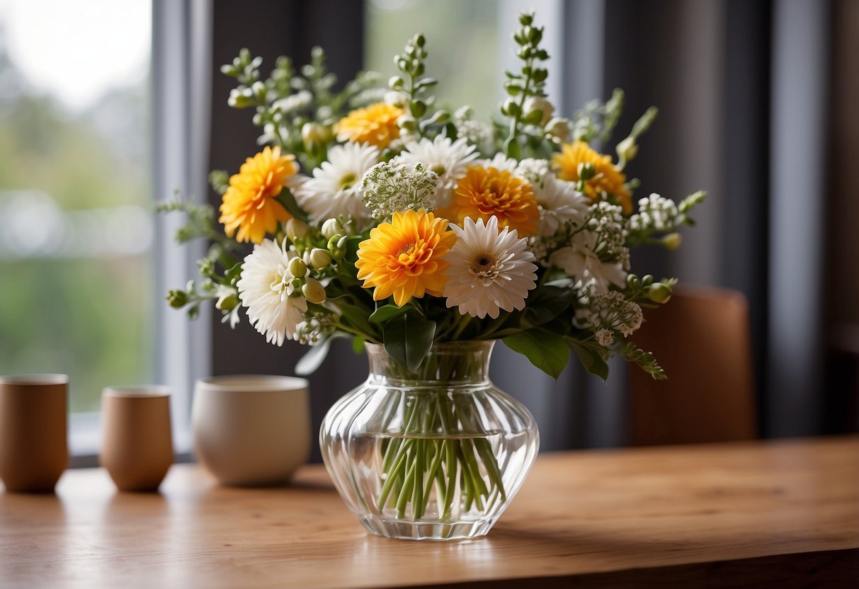 A clear recycled glass cylinder vase sits on a wooden table, filled with fresh flowers, surrounded by other home decor items