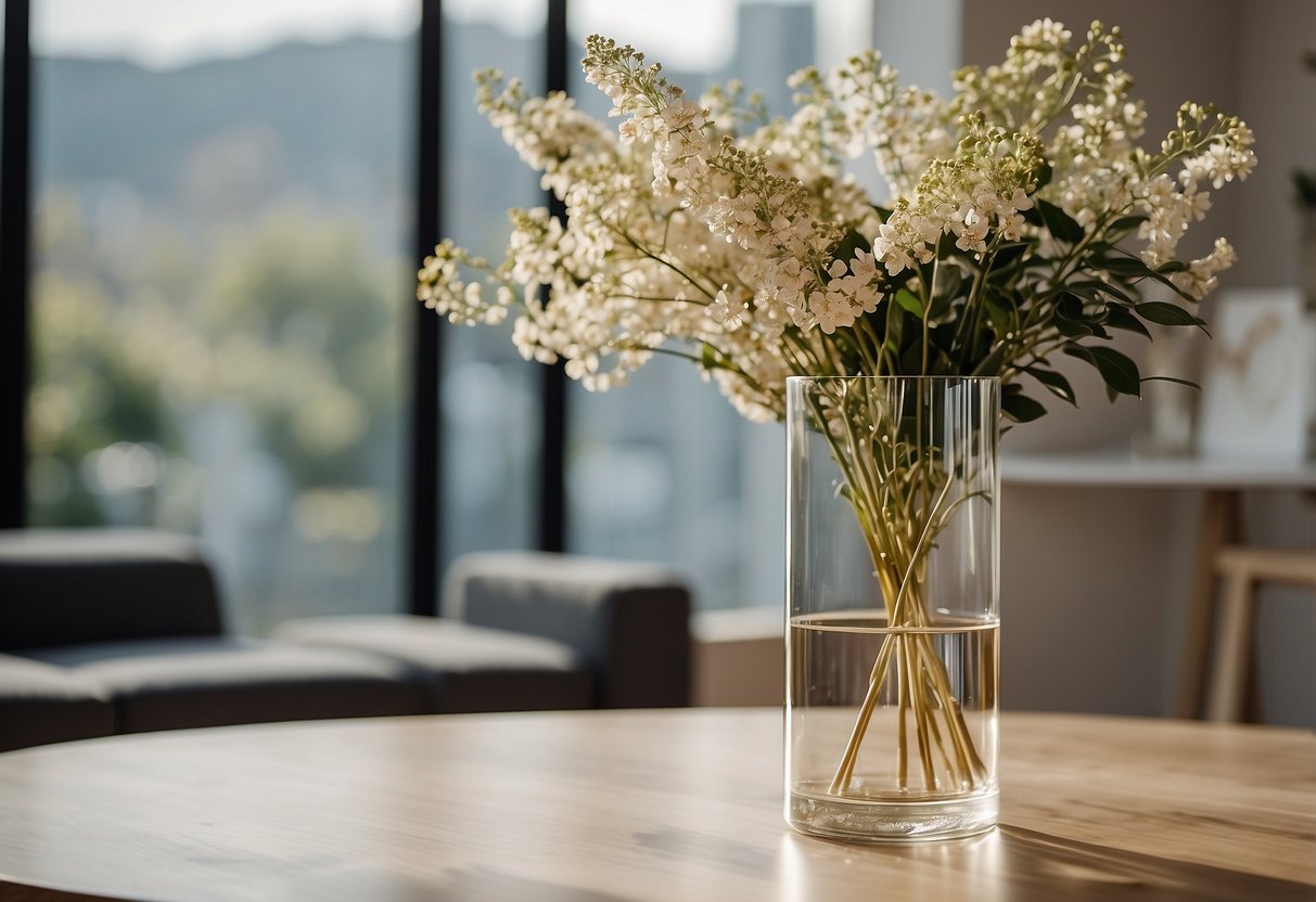 A transparent cylinder vase with a gold rim sits on a modern table, surrounded by minimalist home decor