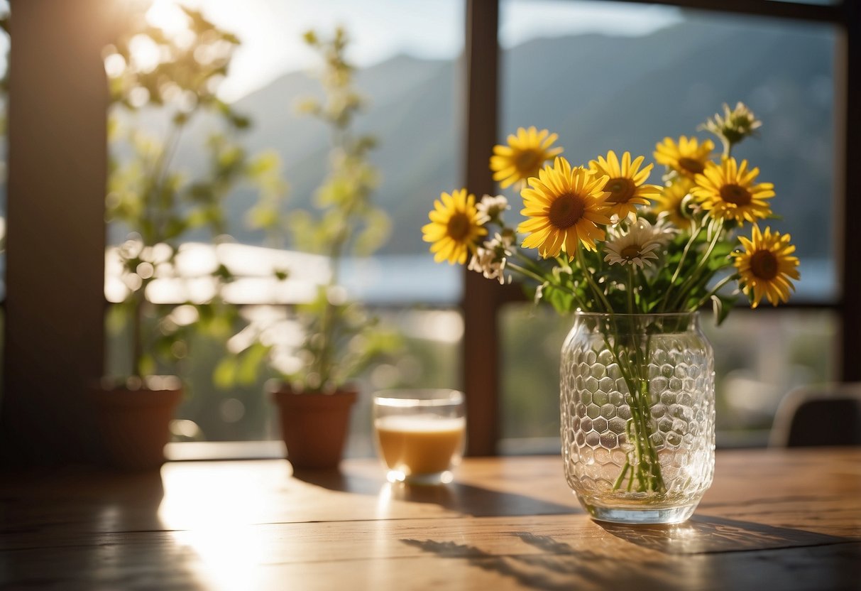 A honeycomb glass cylinder vase sits on a wooden table, filled with fresh flowers. Soft sunlight filters through the window, casting a warm glow on the vase