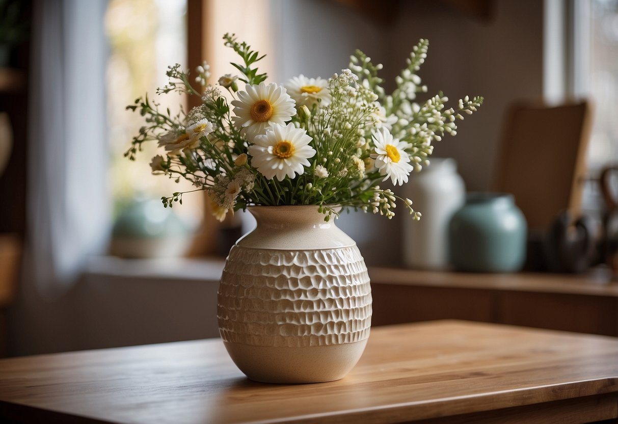 A textured stoneware cylinder vase sits on a wooden table, adorned with fresh flowers and surrounded by other home decor items