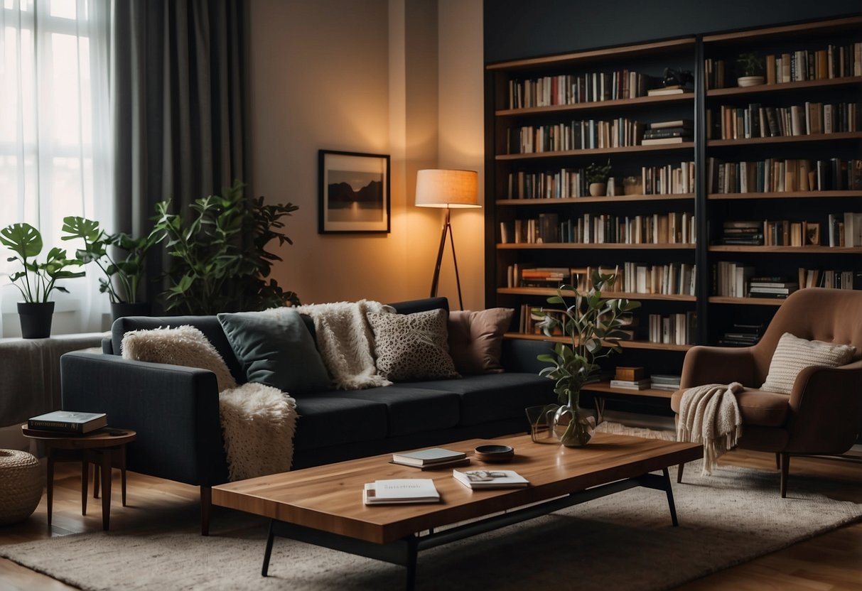 A cozy living room with dark wood furniture, a plush rug, and warm lighting. A bookshelf filled with books and decorative items adds to the inviting atmosphere