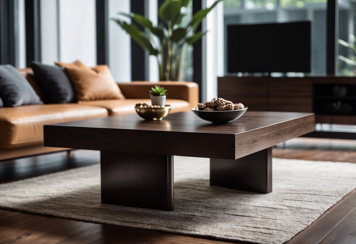 A wenge wood coffee table sits in a modern living room, complementing the dark wood home decor. The table's sleek design and rich color add a touch of sophistication to the space