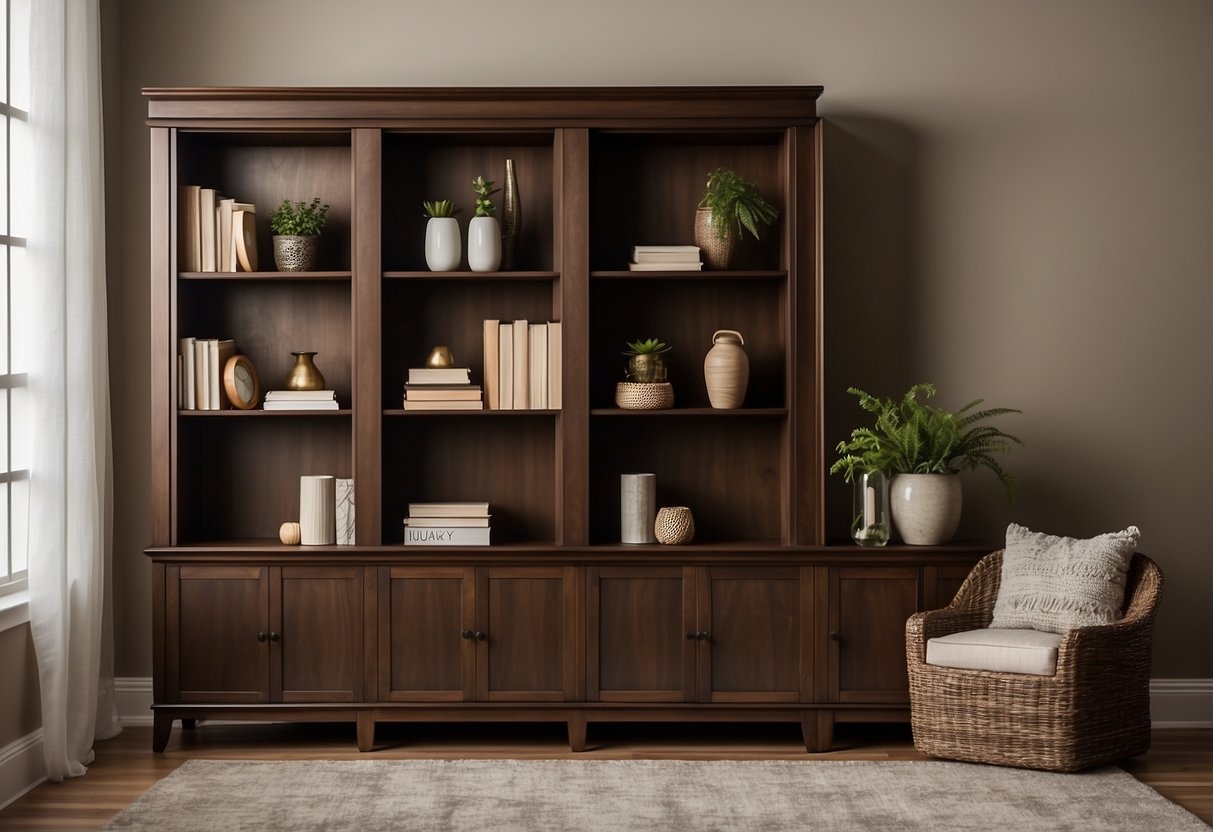 A walnut bookcase stands against a neutral-toned wall, adorned with a few carefully curated home decor items. The dark wood exudes a sense of warmth and sophistication, adding a touch of elegance to the room