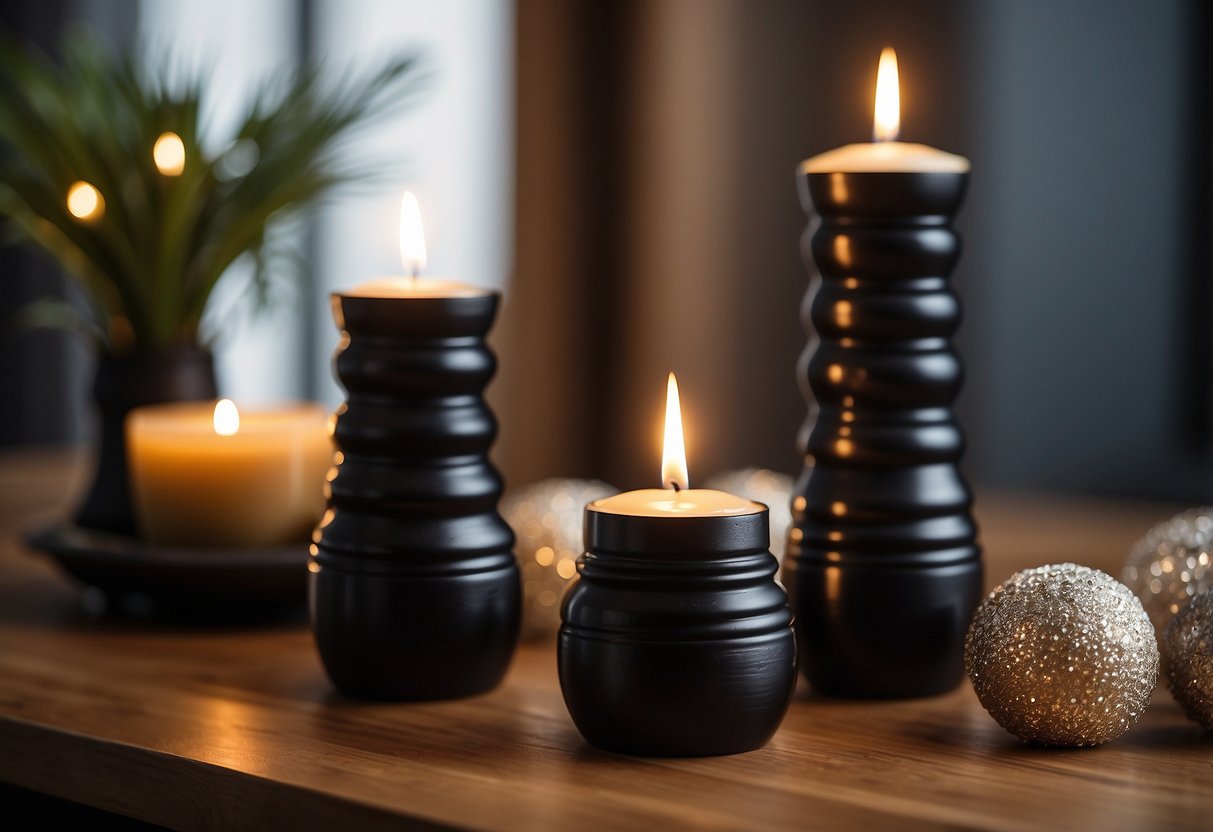 Two ebony candle holders on a wooden table, surrounded by cozy home decor items