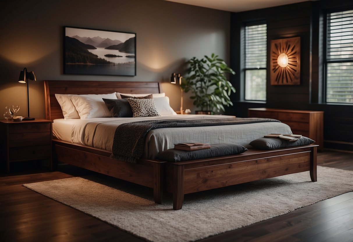 A cherry wood bed frame stands in a dimly lit bedroom, surrounded by rich, dark wood home decor accents