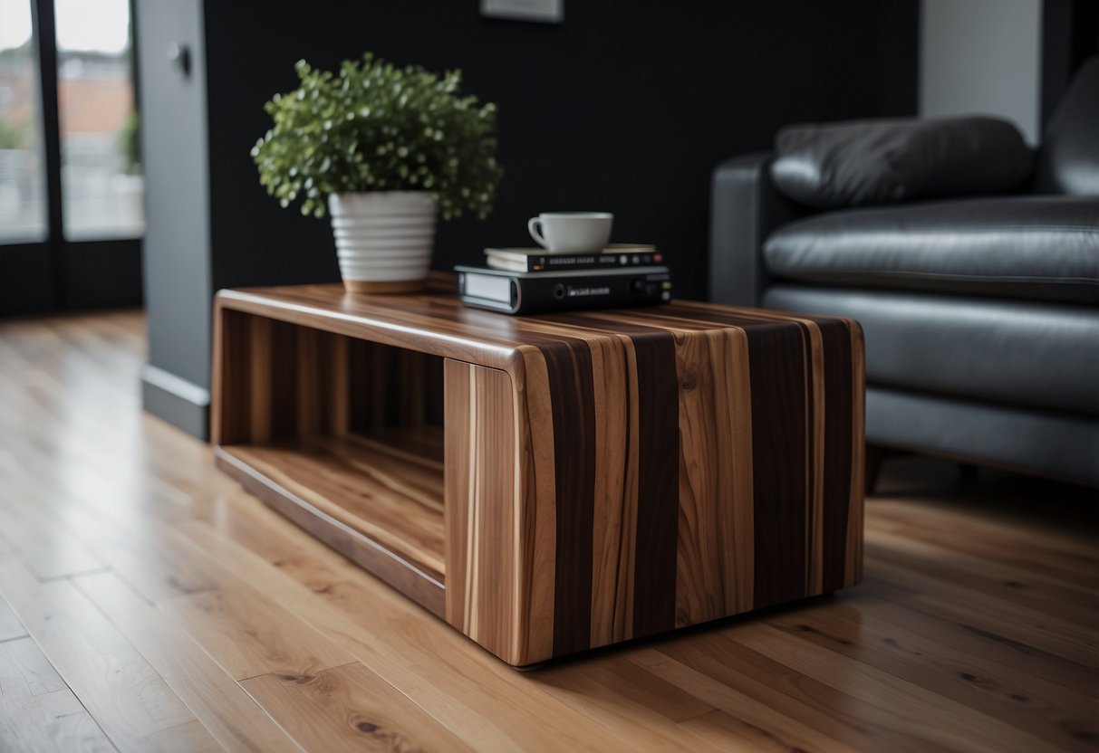 A Zebrano wood side table sits in a modern living room, adding a touch of elegance to the dark wood home decor