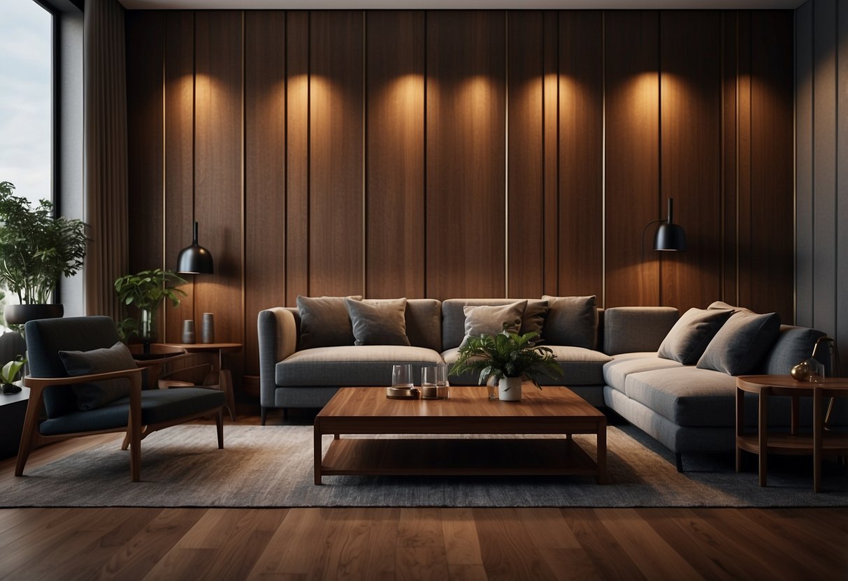 A room with teak wood wall panels, creating a warm and luxurious atmosphere. The panels are dark and rich in color, adding a touch of elegance to the home decor