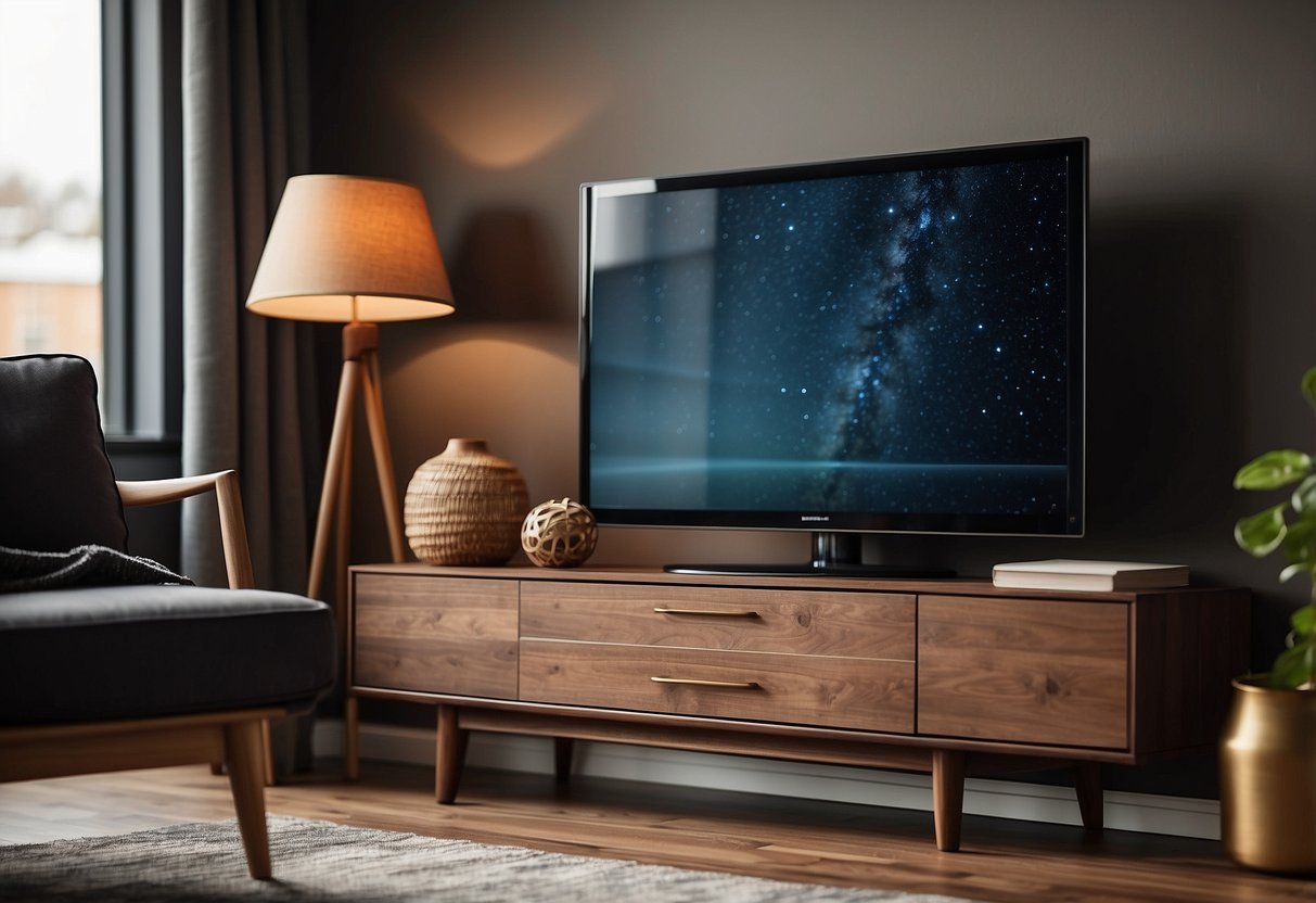 A dark wood TV stand sits in a cozy living room, adorned with maple accents and home decor, creating a warm and inviting atmosphere