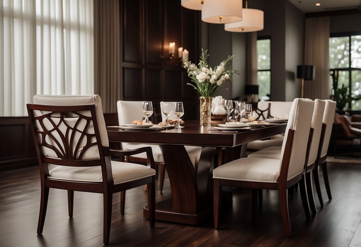 A luxurious rosewood dining set sits elegantly in a spacious room, complemented by dark wood home decor accents, creating a warm and inviting atmosphere