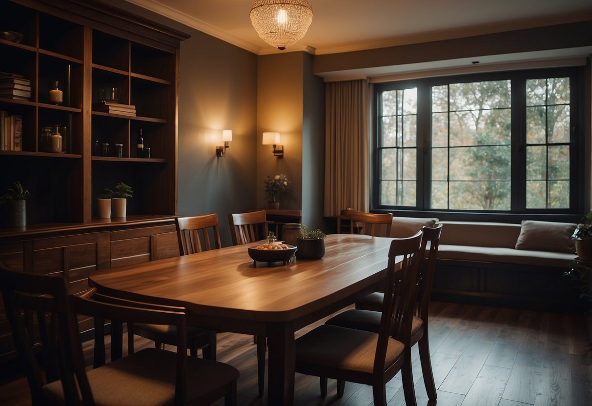 A dimly lit room with dark wood furniture, including a large wooden dining table and chairs, a bookshelf, and a coffee table. The warm tones of the wood create a cozy and inviting atmosphere