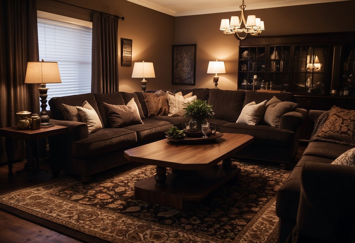 A cozy living room with rich, deep-colored furniture, velvet curtains, and dark wood accents. Textured rugs and dim lighting create a warm, inviting atmosphere