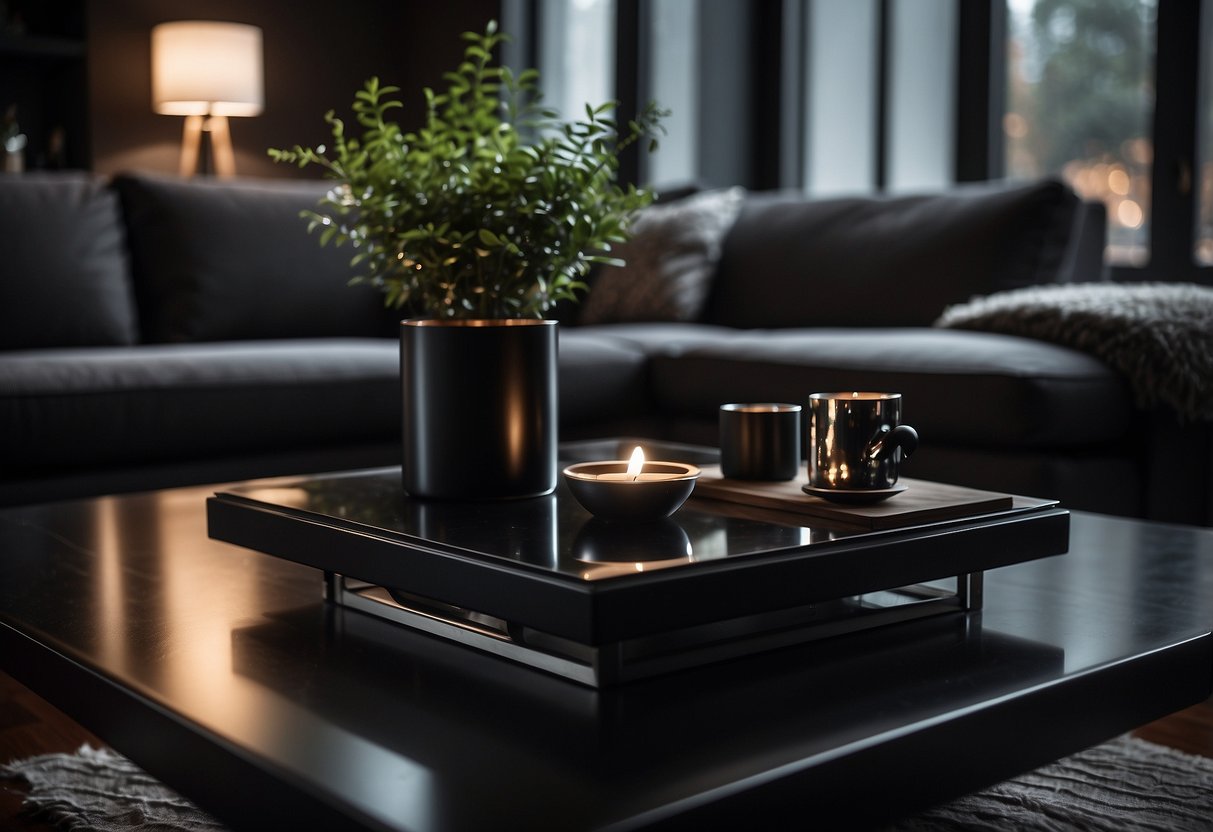 A sleek ebony coffee table sits in a dimly lit room, surrounded by dark-colored home decor accents. The table's polished surface reflects the ambient light, creating a moody and sophisticated atmosphere