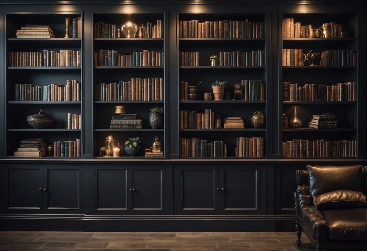 Dark graphite bookshelves filled with books and decor, creating a cozy and sophisticated home atmosphere