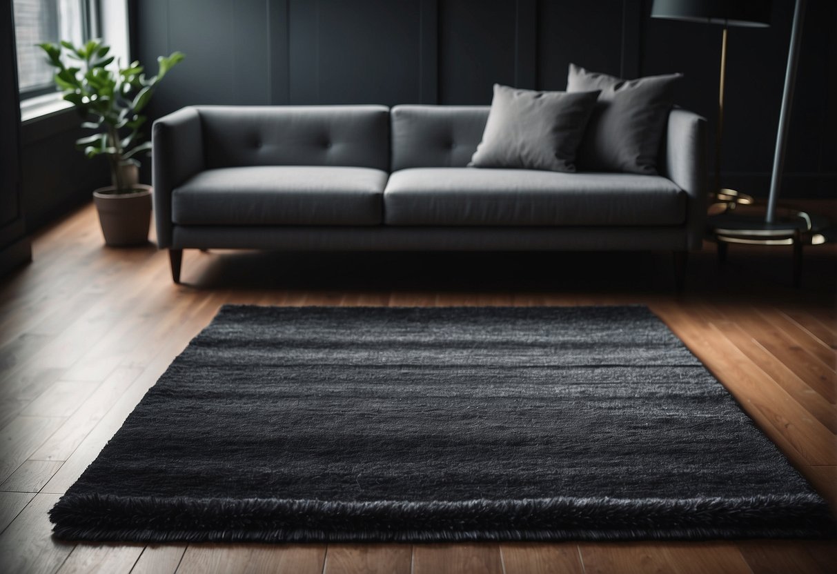 A slate gray area rug lies in a dimly lit room, surrounded by dark-colored home decor