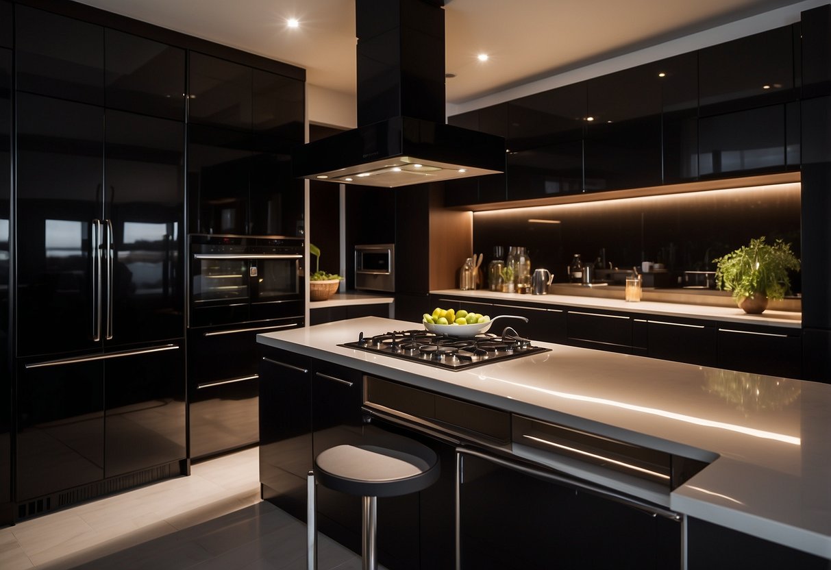 A sleek, modern kitchen with a dark, glossy onyx backsplash, reflecting the warm glow of ambient lighting