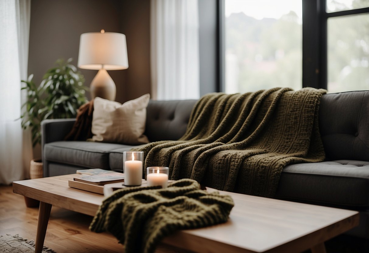 A cozy living room with dark olive throw blankets draped over a neutral-colored sofa, complemented by dark-colored home decor accents