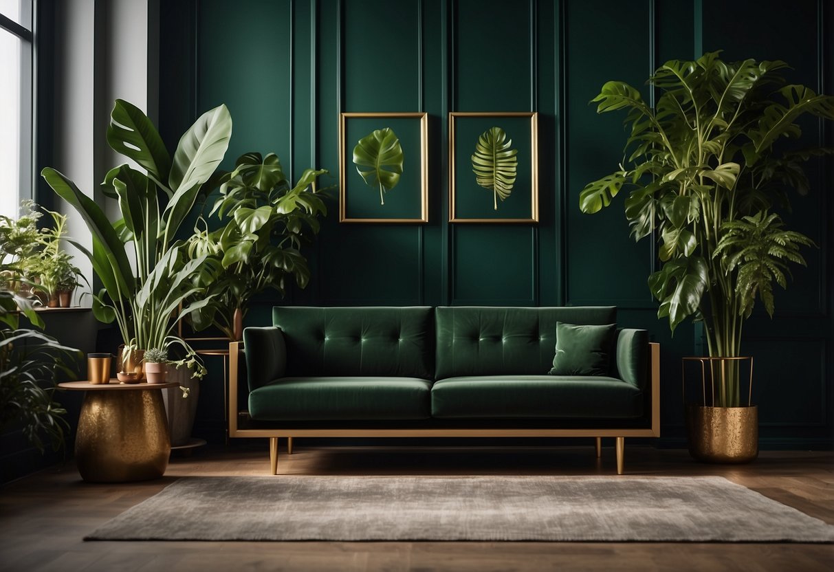 A room with dark green walls, a plush velvet sofa, and leafy plants. Gold accents and natural wood furniture add warmth to the space