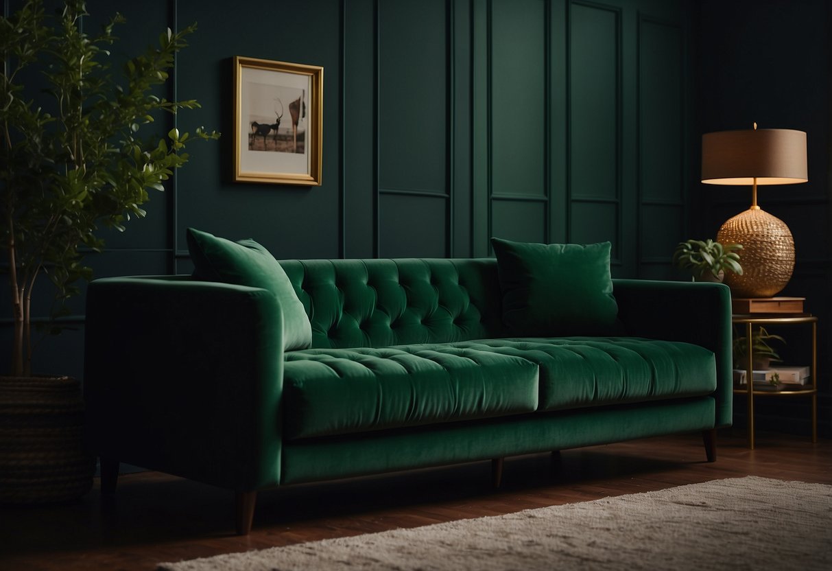 A hunter green velvet sofa sits in a dimly lit room, surrounded by dark green home decor accents