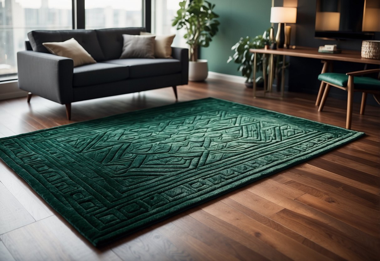 A dark green emerald geometric area rug lies in a modern living room, adding a pop of color and texture to the sleek home decor