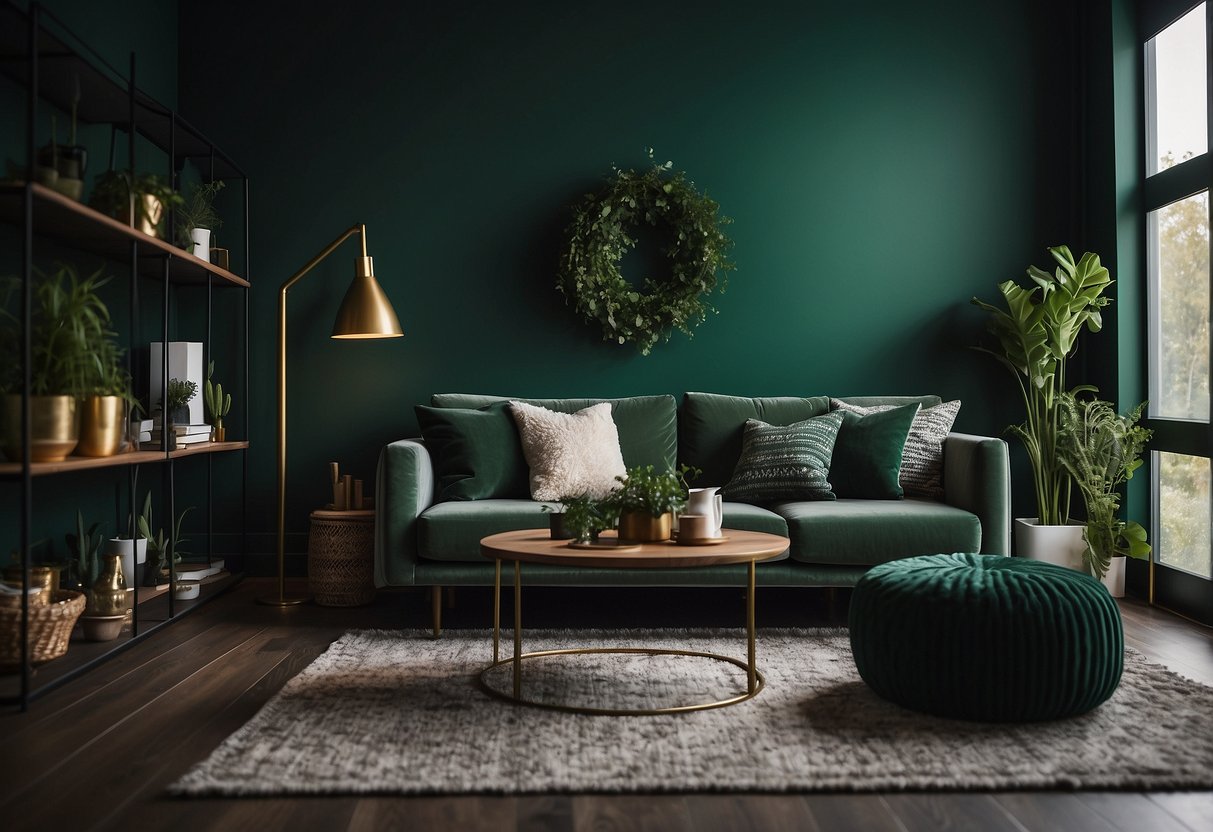 A cozy living room with a forest green accent wall, complemented by dark green home decor such as throw pillows, curtains, and a plush rug