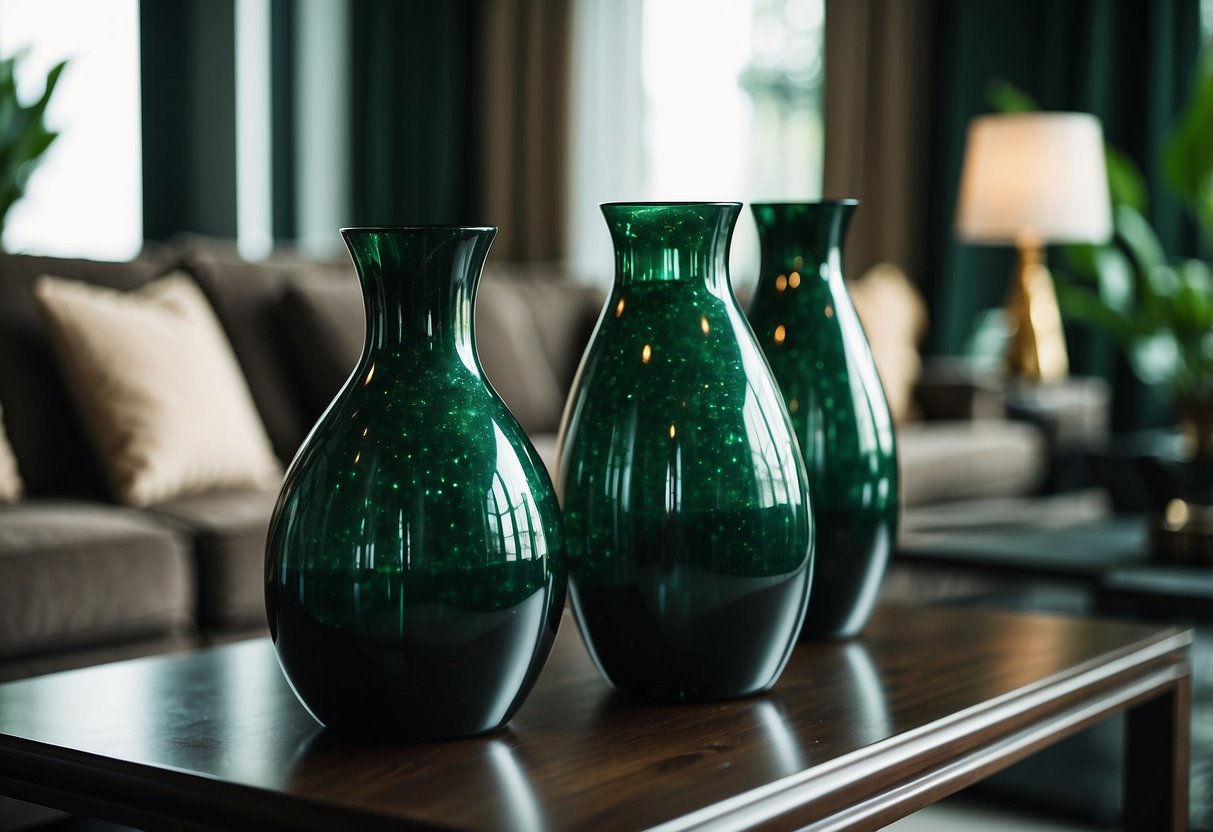 A luxurious living room with dark green jade crystal vases as focal points. Rich, elegant, and sophisticated home decor ideas