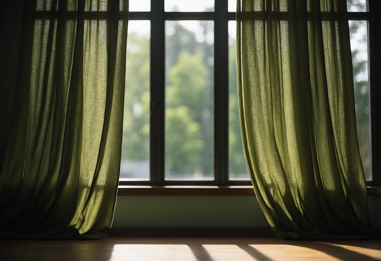 Moss green curtains hang in a sunlit room, casting a deep, earthy hue