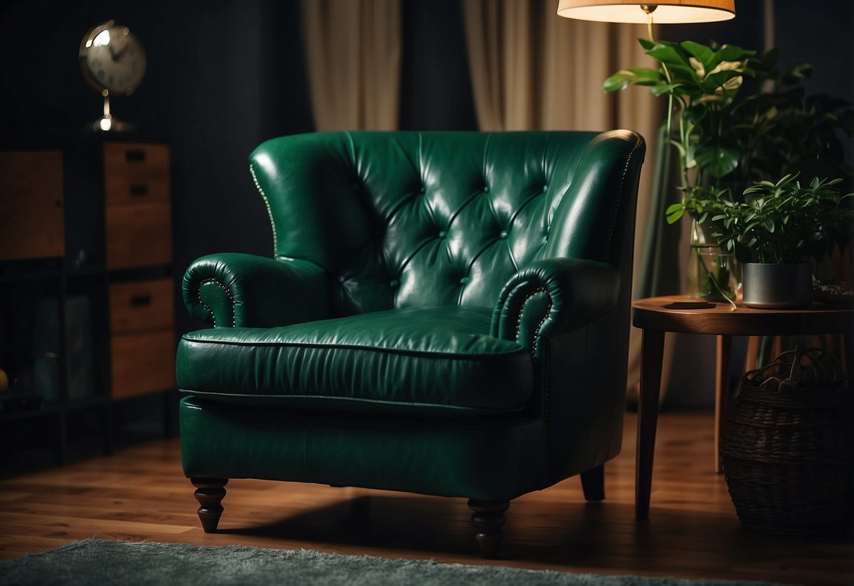 A bottle green armchair sits in a dimly lit room, surrounded by dark green home decor accents