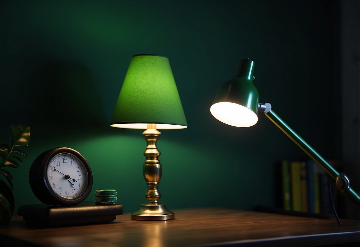 A lime green desk lamp illuminates a dark green room, adding a pop of color to the home decor