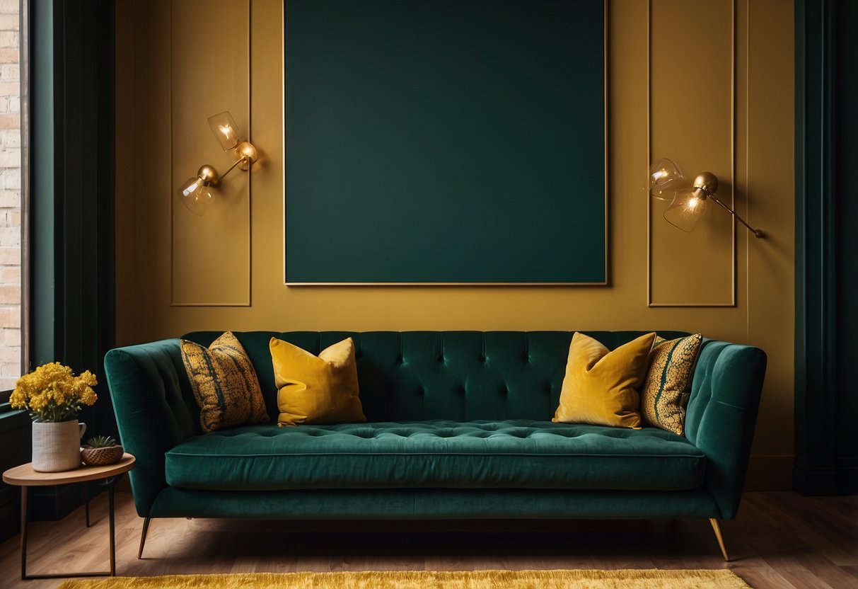 A dark green velvet sofa sits against a textured, mustard yellow wall. A deep emerald rug with a geometric pattern anchors the room, complementing the rich, earthy tones of the decor