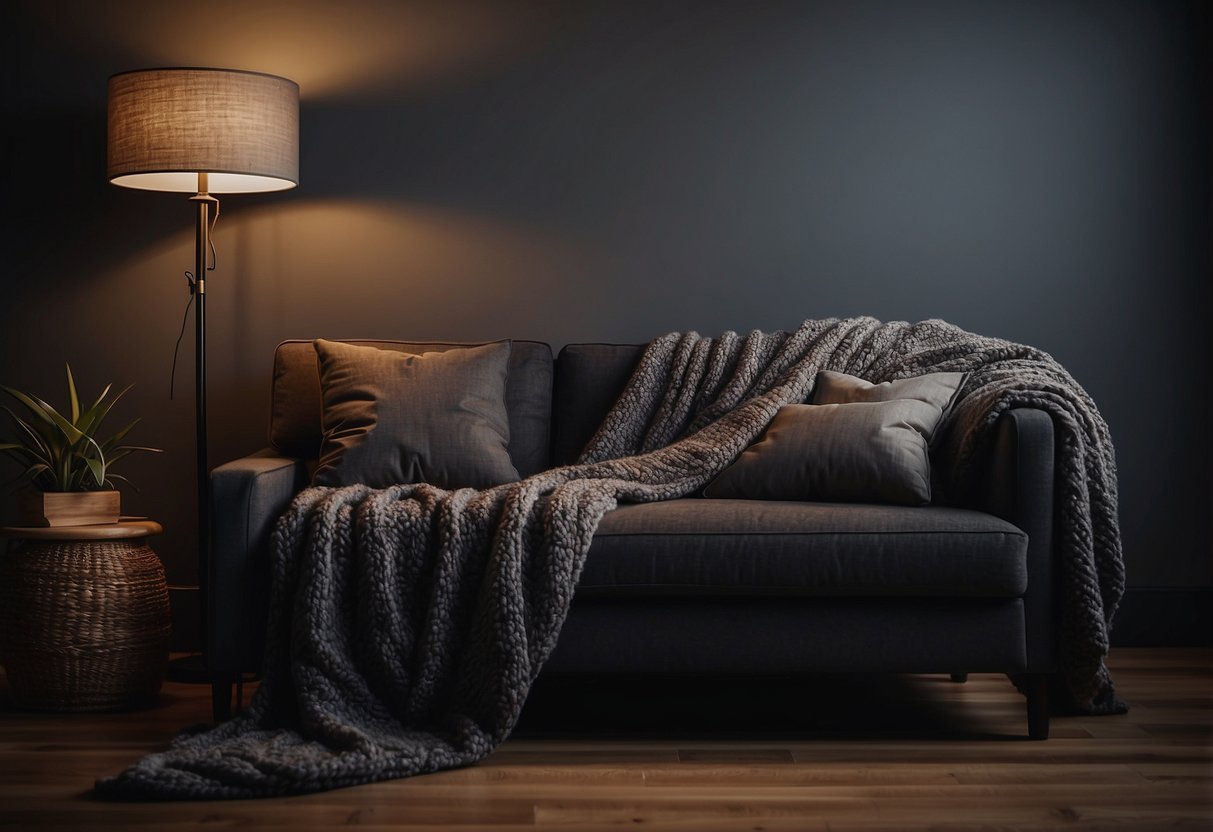 A dark couch sits against a wall with a cozy throw blanket, a few decorative pillows, and a side table with a lamp, creating a warm and inviting home decor setting