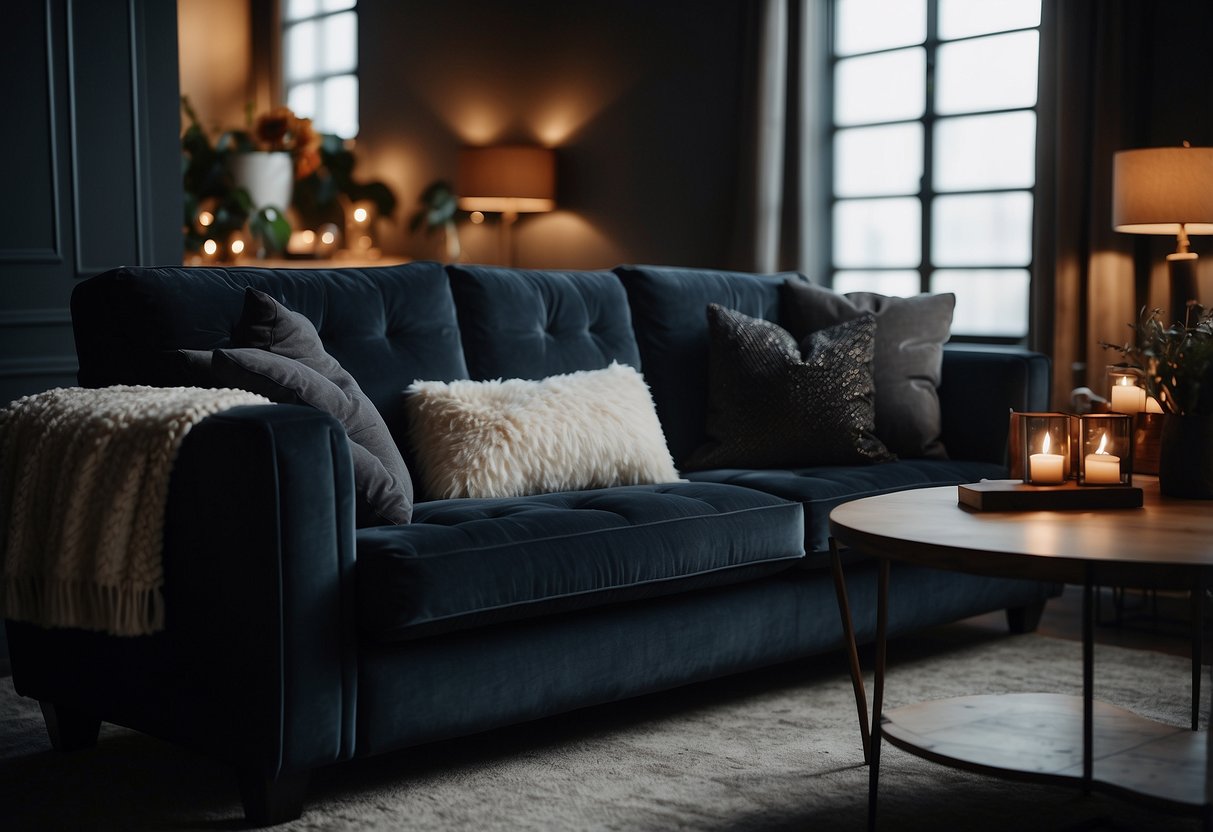 A dark velvet midnight sofa sits in a dimly lit room, adorned with plush throw pillows and a cozy blanket, creating an inviting and luxurious home decor scene