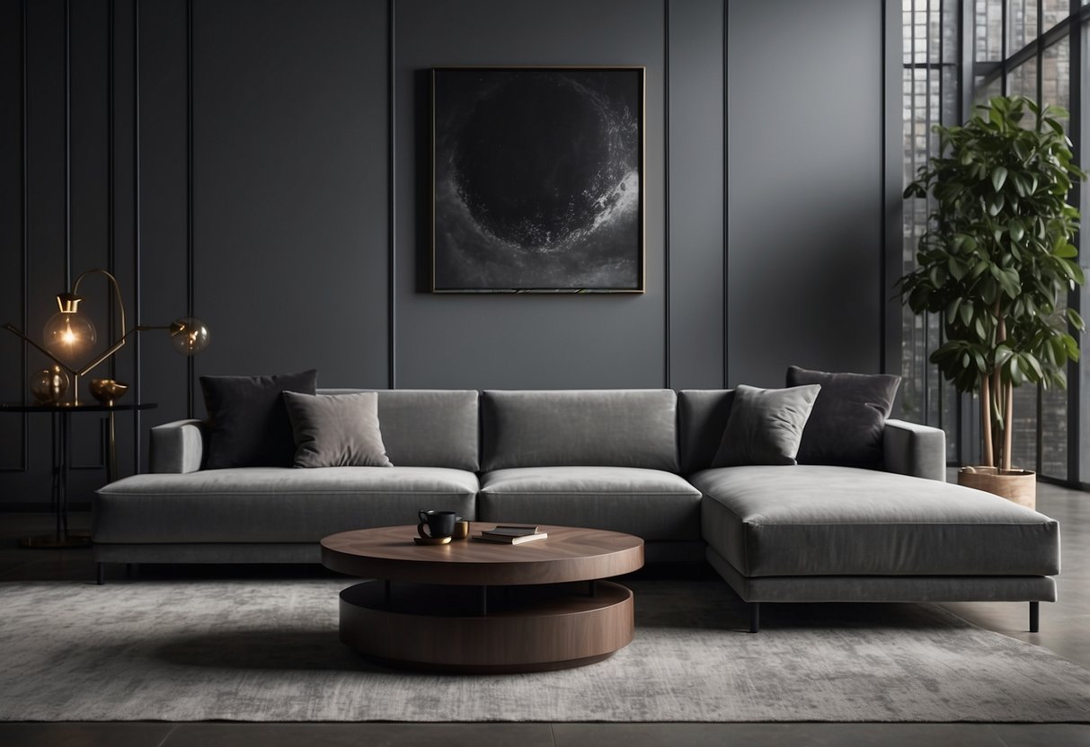 A sleek ash gray sectional couch sits in a modern living room, accented with dark home decor pieces