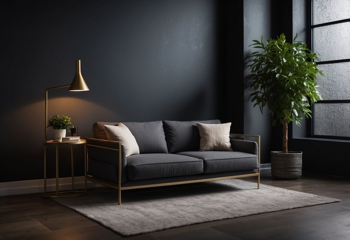 A modern loveseat sits against a dark slate wall, with minimalist decor and soft lighting