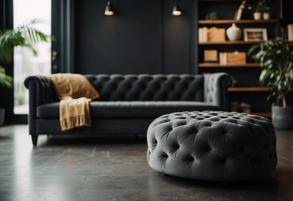 A dark graphite tufted ottoman sits in front of a dark couch, adding a touch of elegance to the home decor