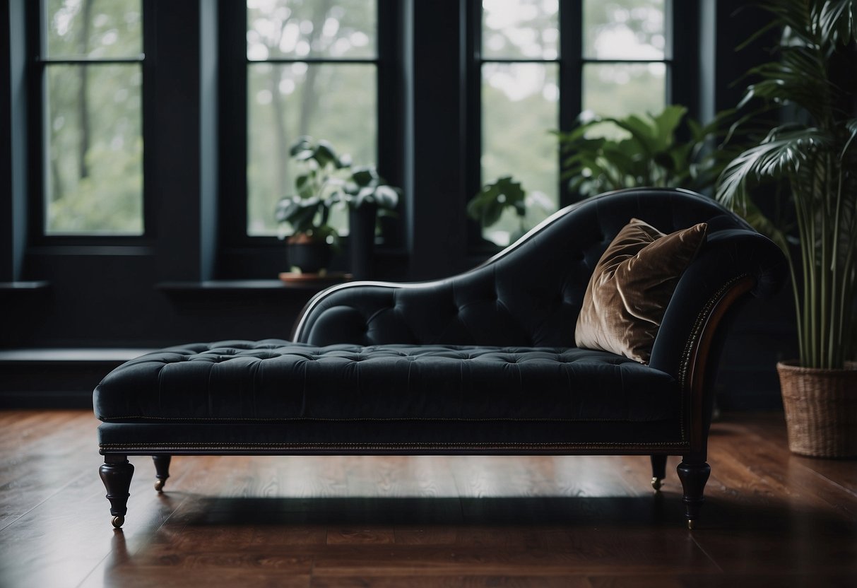 A sleek ebony chaise lounge sits against a backdrop of dark, moody home decor, exuding an air of sophistication and luxury