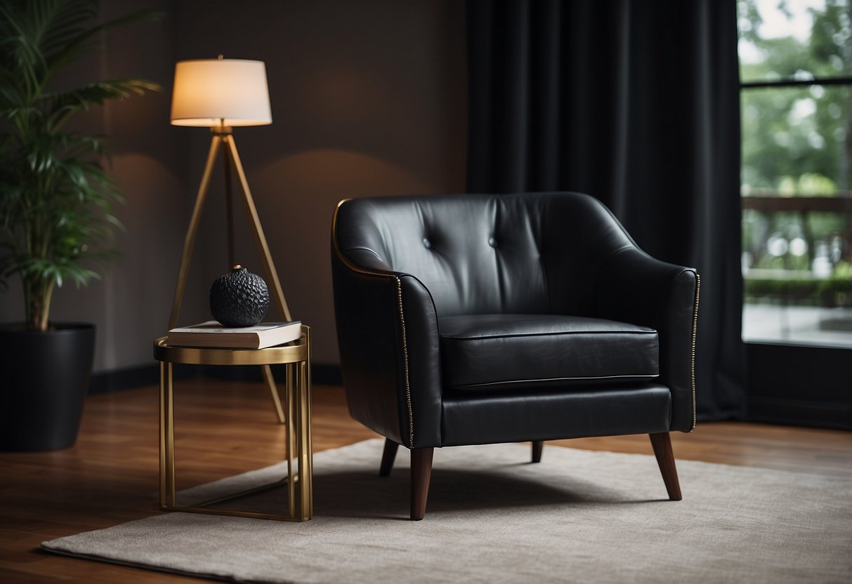 An Onyx Accent Chair sits beside a dark couch in a stylish home decor setting