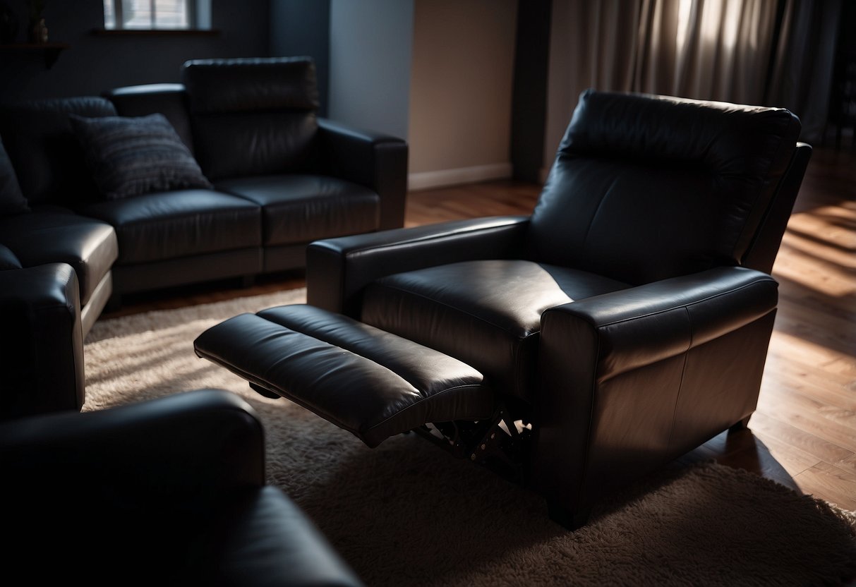 A dark recliner casts a long shadow on a sleek, modern couch in a dimly lit living room