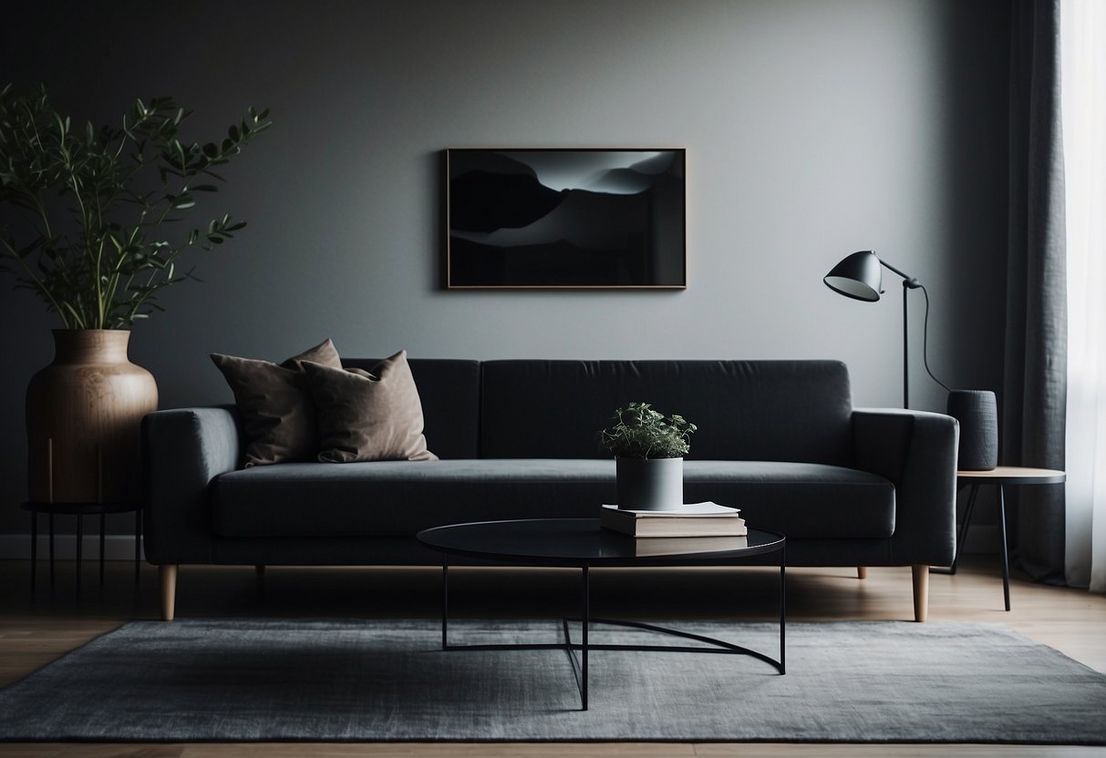 A dark couch sits in front of an obsidian coffee table, adorned with minimalist home decor ideas