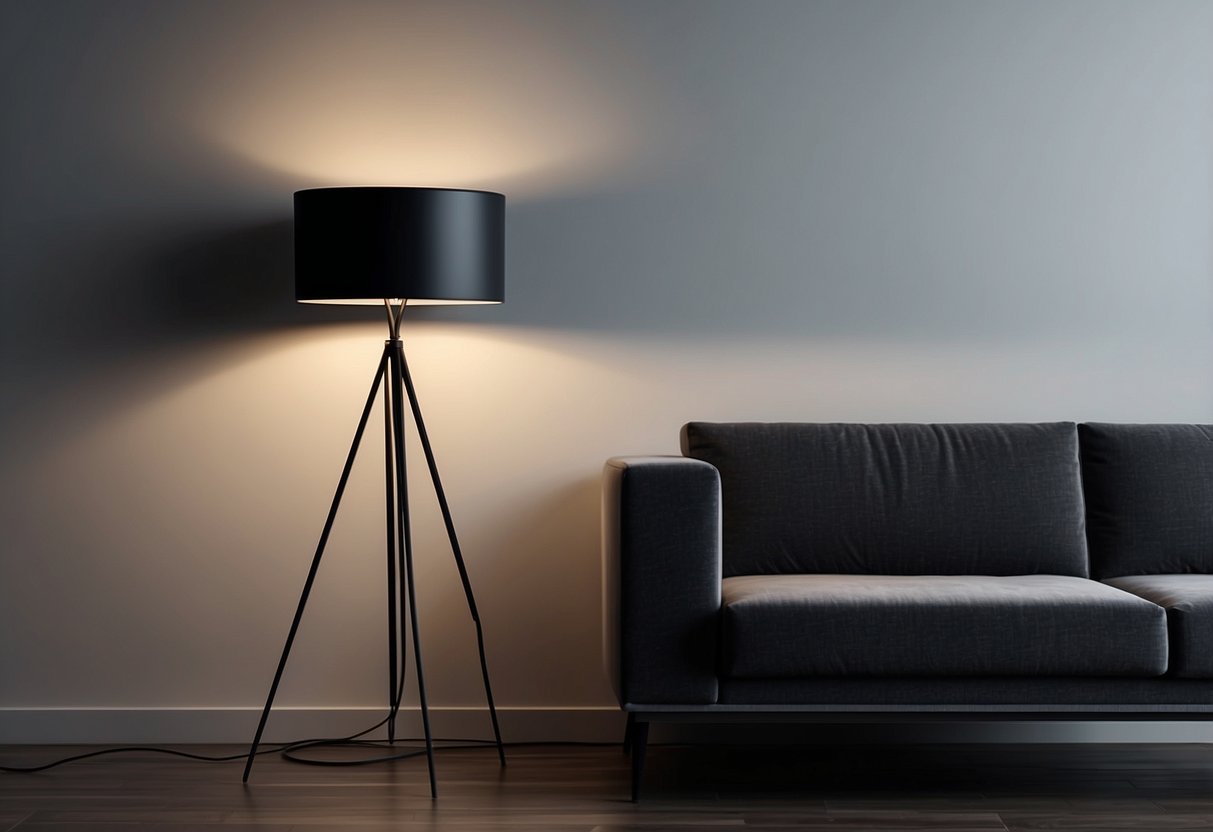 A jet black floor lamp stands next to a dark couch, creating a sleek and modern home decor idea