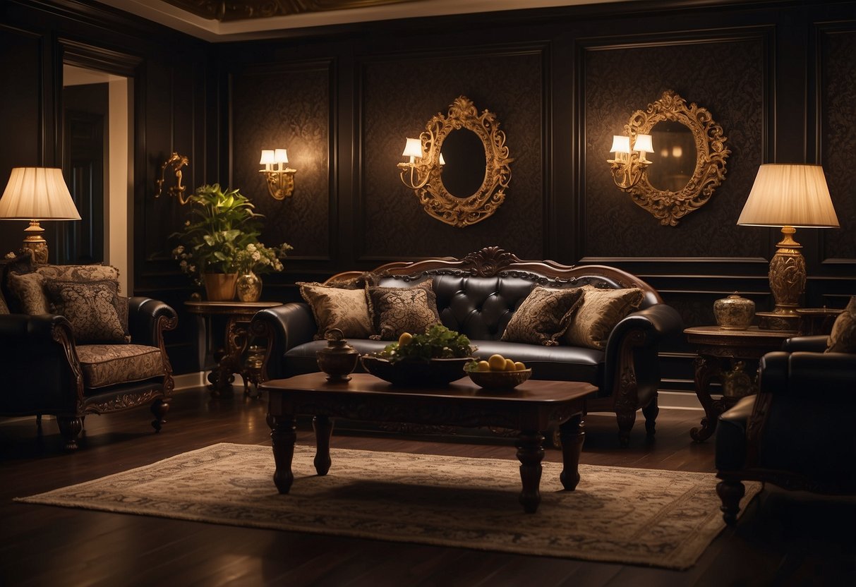 A dimly lit room with rich, dark furniture and ornate decor. Deep colors and soft lighting create an elegant and cozy atmosphere