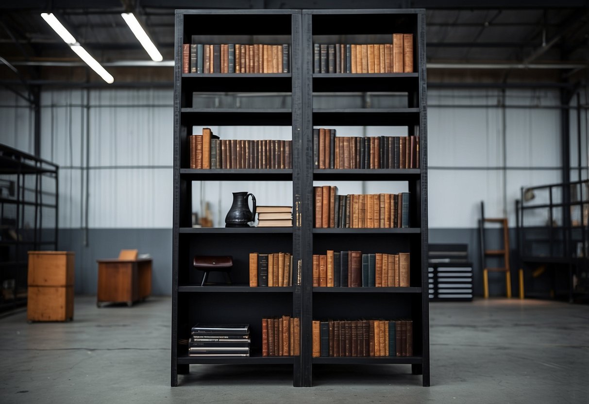 A black open shelf bookcase stands against an industrial backdrop, showcasing dark furniture and home decor items